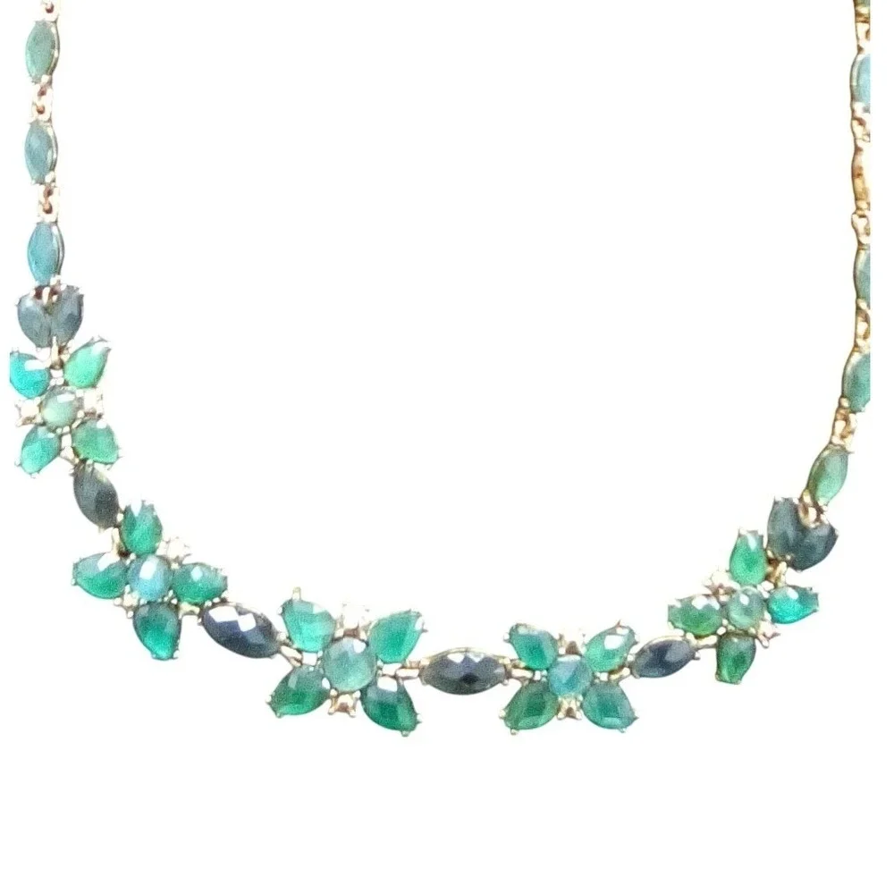 Sparkling Emerald Flower Cluster Necklace Gold Tone Women Statement Jewelry